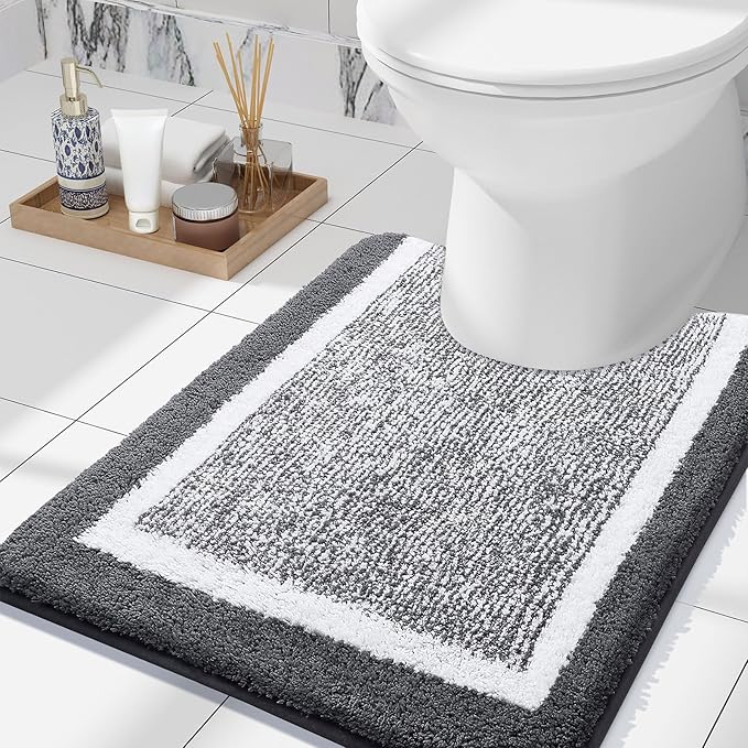 OLANLY Toilet Rugs U-Shaped 24x20, Extra Soft and Absorbent Microfiber Bathroom Rugs, Non-Slip, Machine Wash Dry, Plush Shaggy Contour Bath Mats for Toilet Base (Dark Grey and White)