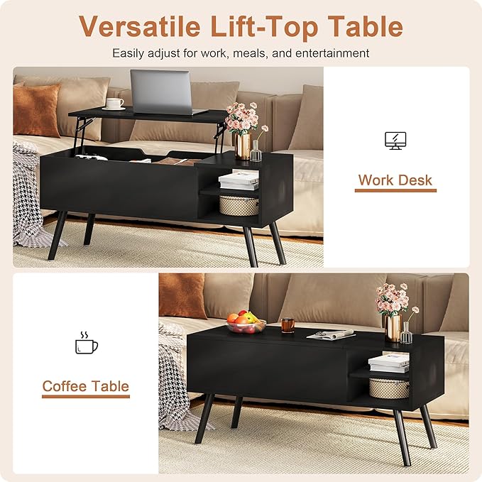 ALINE FURNITURE Black Coffee Table Lift Top - Wood Coffee Table with Hidden Compartment Storage - 40" Lift Up Coffee Tables for Living Room