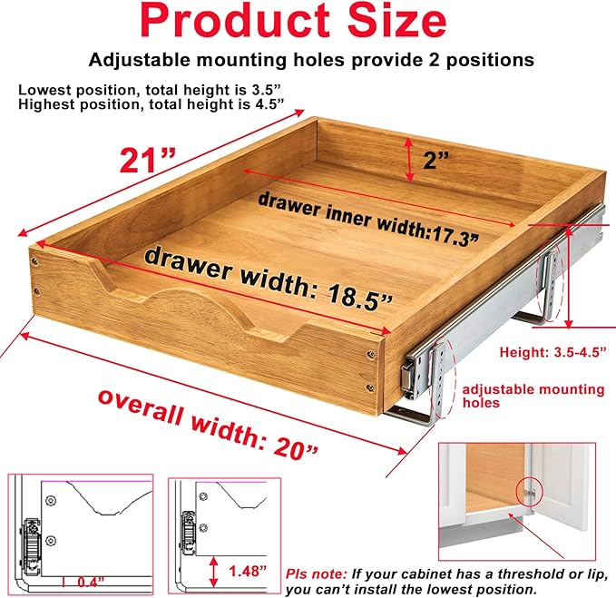 DINDON 1 Tier Pull Out Cabinet Organizer (20" W x 21" D) Single Tier Heavy Duty Slide Out Wood Drawer Under Sink Shelf Organization Storage