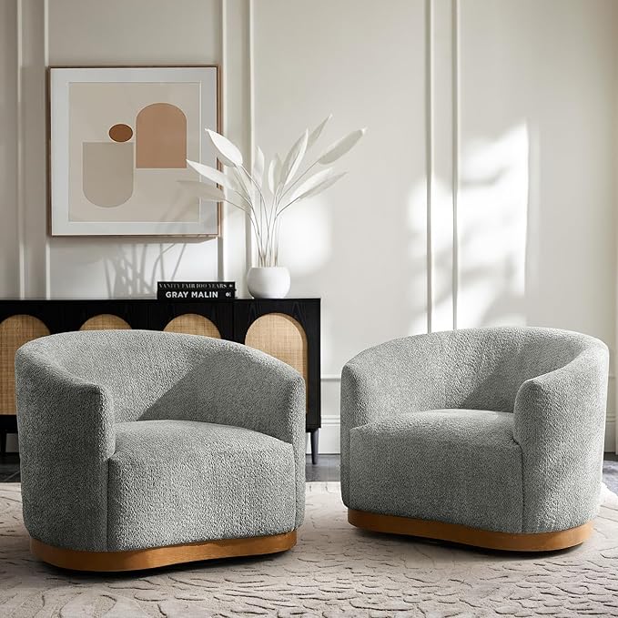 HULALA HOME Chenille Swivel Accent Chairs Set of 2, Fully Assembled, Comfy Upholstery Barrel Armchair with Sturdy Solid Wood Base, Grey
