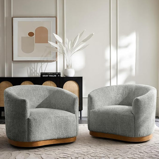 HULALA HOME Chenille Swivel Accent Chairs Set of 2, Fully Assembled, Comfy Upholstery Barrel Armchair with Sturdy Solid Wood Base, Grey