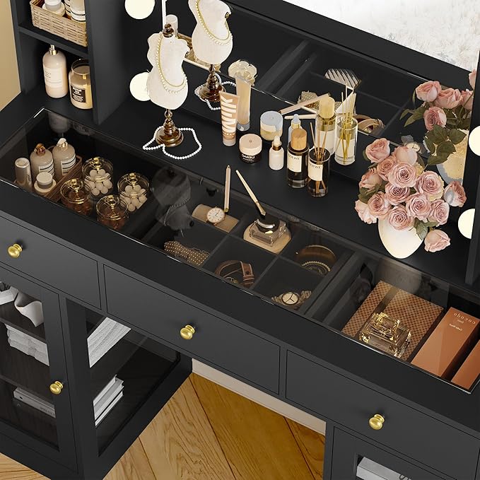 Makeup Vanity Desk with Mirror and Lights, Black Vanity with Glass Top, LED Lights & Power Outlet, 3 Drawers & 2 RGB Glass Cabinets, Adjustable Lighted Dressing Table for Women & Girls Bedroom