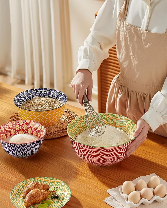 Ceramic Mixing Bowls for Kitchen, Colorful Nesting Bowls, Large Serving Bowls for Prepping, Baking, Mixing, Salad, Microwave Dishwasher Safe, 3.7/2.3/1.4 Qt, Set of 3