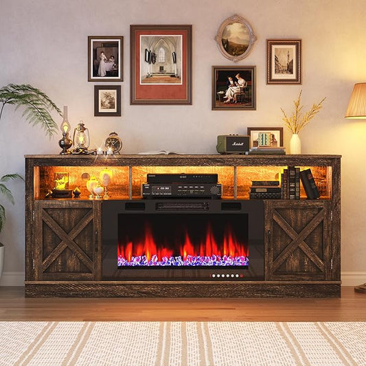 Farmhouse TV Stand with 36" Fireplace for 80" TV, 70" Fireplace Entertainment Center with Barn Doors and LED Light, Tall TV Stands for Living Room, Brown