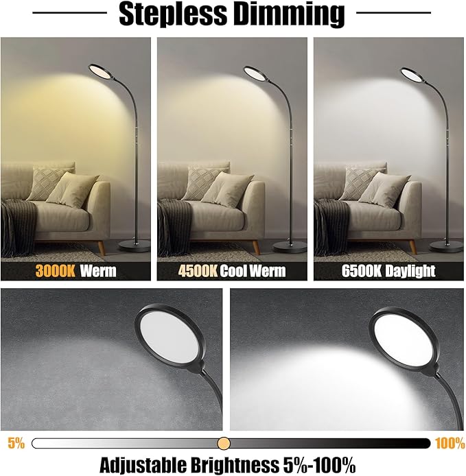LED Floor Lamp, Reading Light, Bright Modern Tall Lamp, 3 Color Temperatures & Brightness, Adjustable Gooseneck Standing Lamp with Remote & Touch Control for Living Room, Bedroom, Office