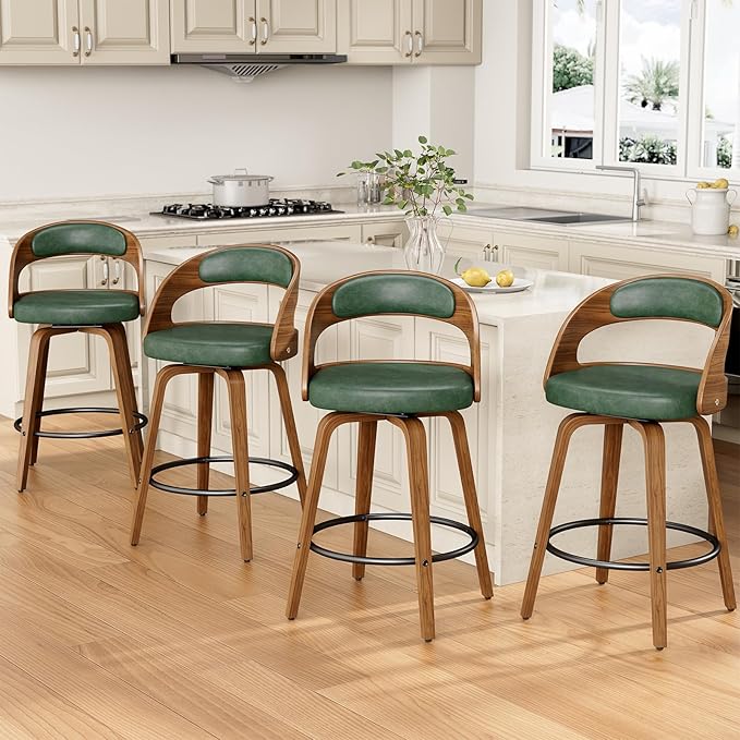 Swivel Bar Stools Set of 4, 26" Counter Height Bentwood Barstool, Mid-Century Modern PU Leather Upholstered Bar Chair with Back and Footrest, for Kitchen Island, Bar, Cafe, Dining Room, Green
