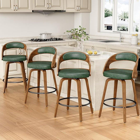 Swivel Bar Stools Set of 4, 26" Counter Height Bentwood Barstool, Mid-Century Modern PU Leather Upholstered Bar Chair with Back and Footrest, for Kitchen Island, Bar, Cafe, Dining Room, Green