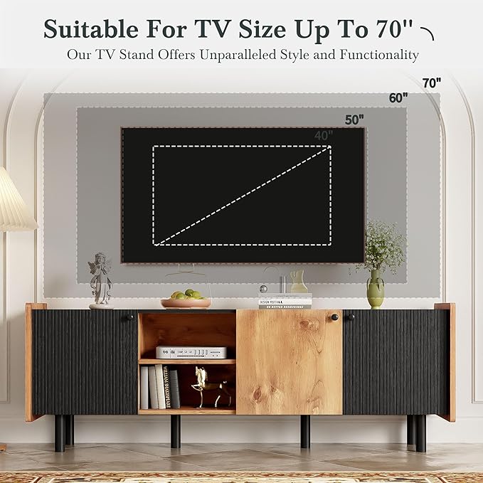 TV Stand for TVs up to 70 Inch TV, Mid Century Modern Entertainment Center with Storage Cabinets and Open Shelf, Media Console with Fluted Panel for Living Room