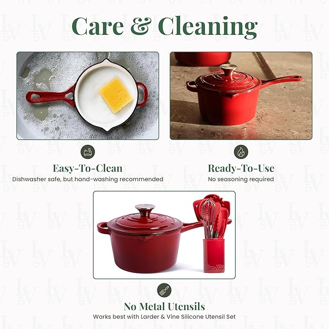 Larder & Vine Enameled Cast Iron Saucepan | 2.2 qt Sauce Pan with Lid | Saucepan with Pour Spouts | Enameled Cast Iron Pot Compatible on All Cooktops & Oven Safe to 500° F | Cabernet