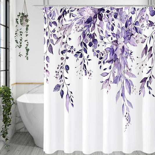 Gibelle Extra Long Shower Curtain 72 x 84, Purple Floral Shower Curtain for Bathroom, Watercolor Plant Eucalyptus Leaves Fabric Shower Curtain Set with Hooks