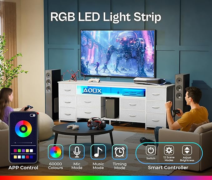 Huuger 63 Inch LED TV Stand Dresser with Power Outlets, USB-C Port and LED Lights, 10 Fabric Drawer Dresser for Bedroom, Long Entertainment Center for 65, 70 Inch TV, Open Shelves, PU Leather, White