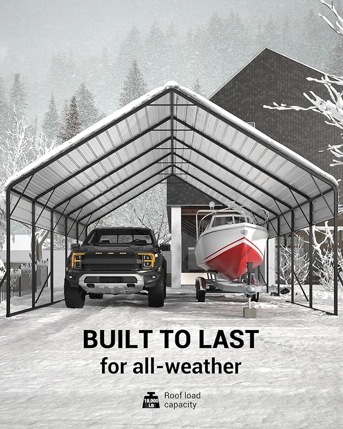 20'x25'x13' Metal Carport for 2 Cars, Heavy Duty Extra Tall Carport for Heavy Snow, Reinforced Frame, Permanent Shelter for Bass Boats, Full-Sized Pickup Trucks, and Tractors, N.W. 980 Lbs