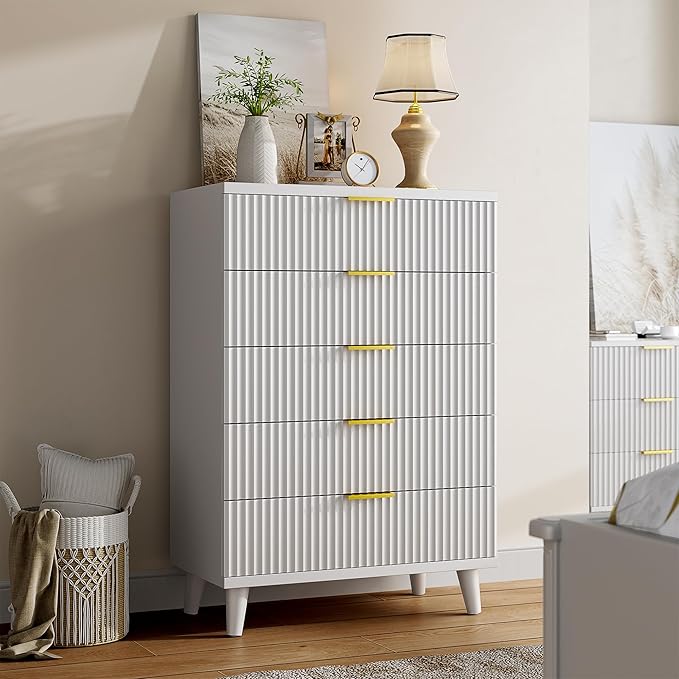Lulive White Dresser for Bedroom Wood Tall Dressers Drawers, Fluted Modern Dresser 5 Drawers White