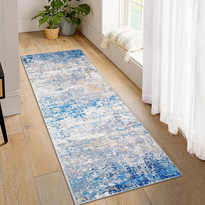 2x6 Modern Abstract Runner Rug Non Slip Soft Stain Resistant Low Pile Machine Washable Non Shed Rug for Hallway Kitchen Bathroom, Blue/Grey