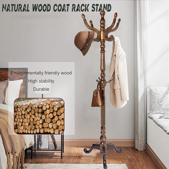 74" Wooden Coat Rack Stand,Coat Racks Freestanding With 14 Hooks And Solid Round Base Heavy Duty Adjustable Height Hall Tree Coat Rack for Entryway Hallway Foyer Office Bedroomf (Triangle Antique)