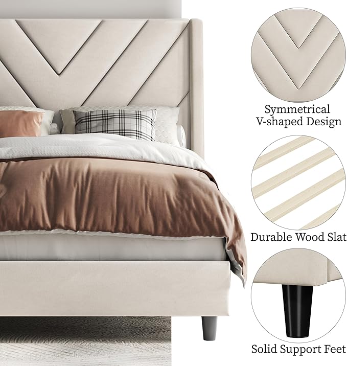 Yaheetech Twin Bed Frame Upholstered Platform Bed with Wing Side/Wooden Slat Support/Tufted Headboard with Wing Side/Mattress Foundation/No Box Spring Needed,Beige Twin Bed