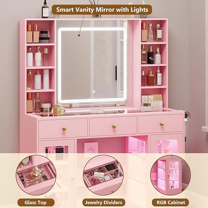 Pink Vanity Desk with Mirror and Lights, Glass Top Vanity with Lighted Mirror & RGB Cabinet and 3 Drawers, Dressing Table with 8 Shelves, Makeup Desk with Lights for Girls Bedroom, 3 Color Modes