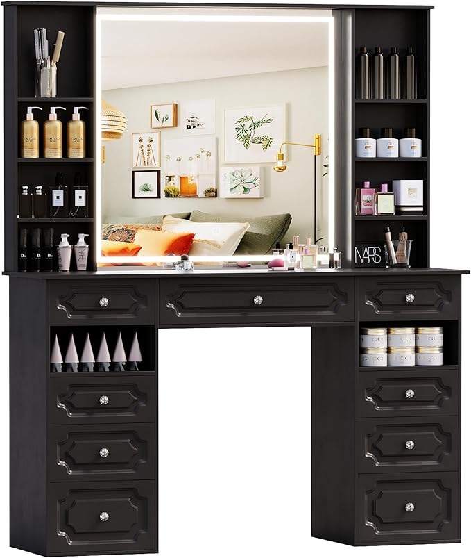 Vanity Desk with Lighted Mirror, 47” Heavy-Duty Large Makeup Vanity, 9 Drawer Dressing Table with Mirror, Elegant Make Up Desk for Bedroom (Black)