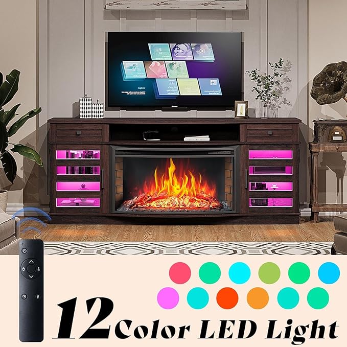 AMERLIFE 70" Farmhouse Fireplace TV Stand with 36'' Curved Electric Fireplace, LED Media Console with 2 Drawers & Adjustable Shelves, Fits 80'' TVs, Espresso