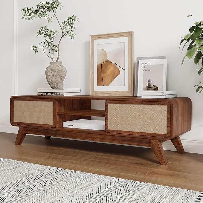 AVZEAR Mid Century Modern TV Stand for TVs up to 65'', Farmhouse Entertainment Center with Storage, TV Cabinet Table with Nature Linen Doors, Media Console TV Consoles for Living Room Bedroom (Walnut)