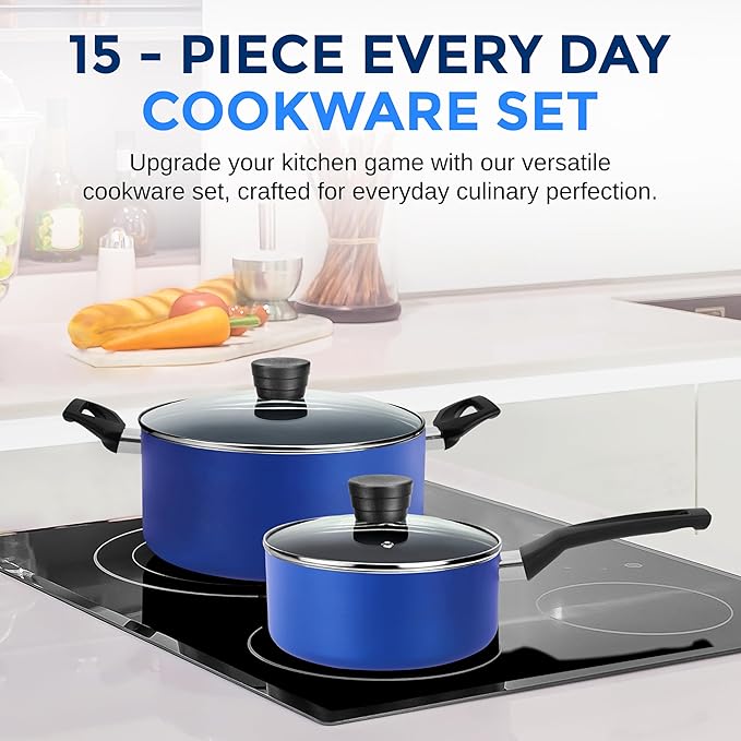 SereneLife 15-Pc Blue Cookware Set - Non-Stick, Heat-Resistant Pots & Pans with Lids, Dishwasher Safe, Includes Matching Utensils