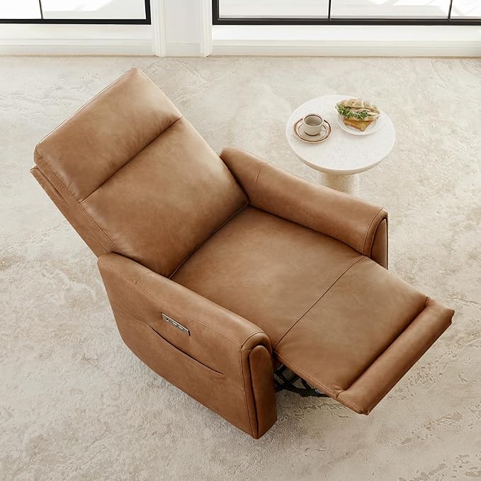 Watson & Whitely Power Recliner Chairs for Adults, Swivel Rocker Recliner Chair with Charging Ports for Living Room, Faux Leather RC011 (Camel)
