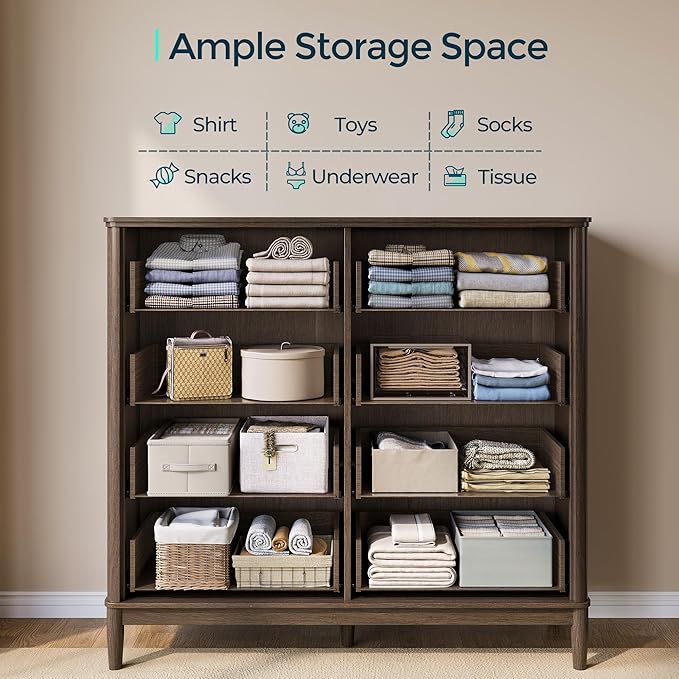 LINSY HOME Fluted Dresser for Bedroom with 8 Drawers, 47" Wide Chest of Drawers, Mid Century Modern Dresser TV Stand with Metal Handle, Wood Closet Storage Cabinet for Living Room, Hallway, Walnut