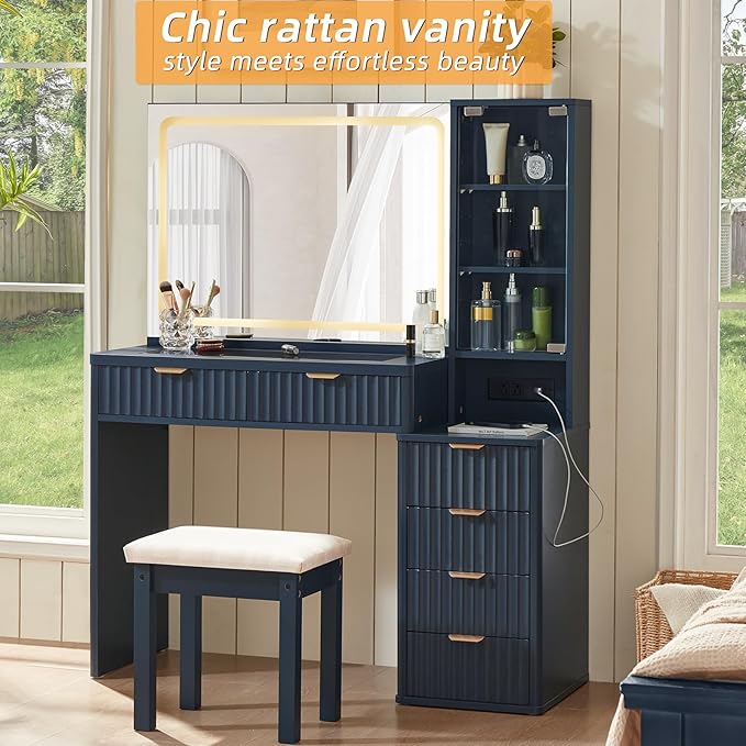 LEYAOYAO Vanity Desk with Mirror and Lights with Stool, 43.5'' Fluted Makeup Vanity with 6 Drawers and Adjustable Shelves,Wood Make Up Vanity Set with Glass Top and Power Outlet for Bedroom