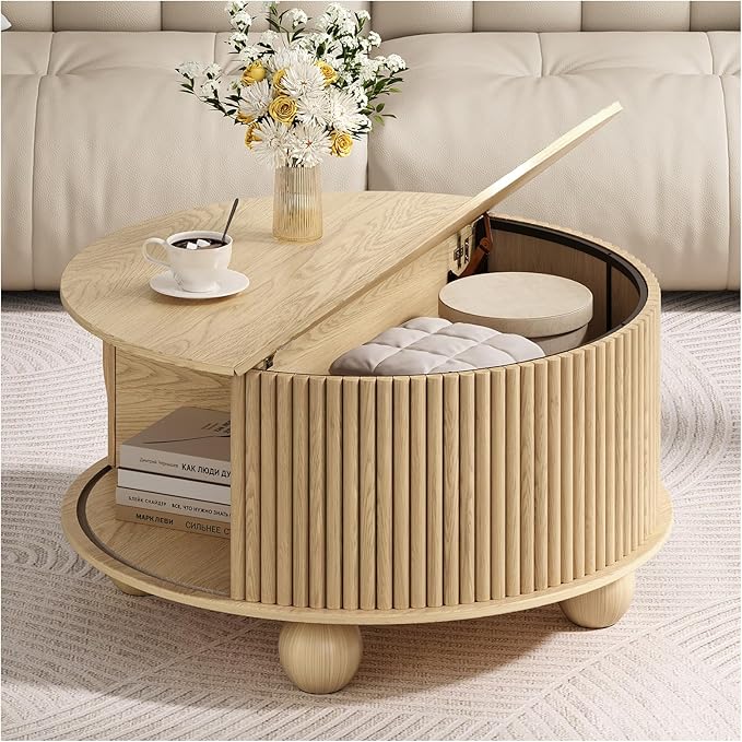 Round Coffee Table with Storage,31.5" Mid Century Modern Coffee Table with Bun Feet,Fluted Center Table for Living Room,Home Small Space,Oak