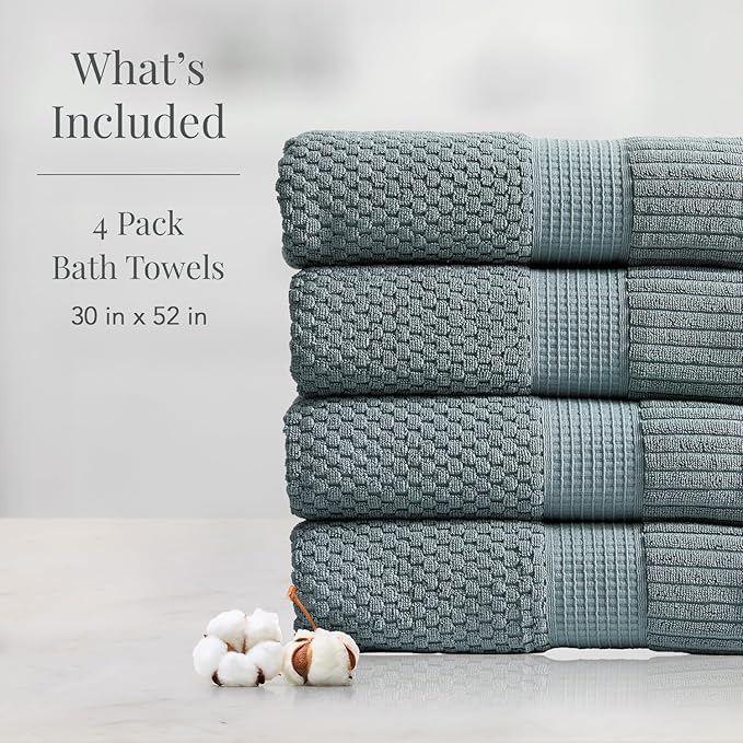 NY Loft 100% Cotton Bath Towel 4 Pack | Super Soft & Absorbent Quick-Dry Bath Towels 30" x 52" | Textured and Durable Cotton | Premium Thick Towels | 4 Pack Bath Towel - Stormy Sea
