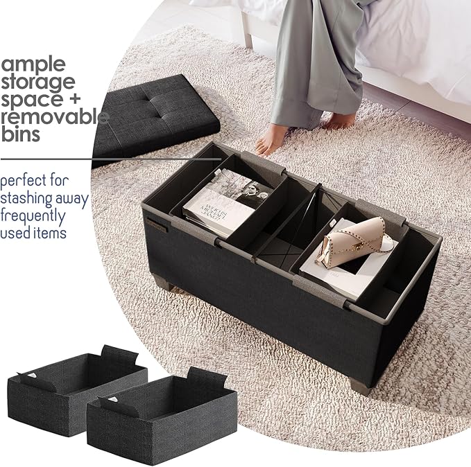 STORAGEBUD Storage Ottoman Bench with Bins, 30-in Storage Bench for Bedroom End of Bed, Folding Foot Rest Ottoman for Living Room Max 660lbs, Fabric Ottomans, Black