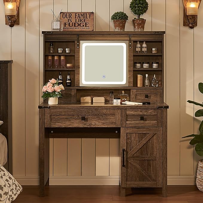 42'' Farmhouse Makeup Vanity Desk with Sliding Mirror and Lights, Glass Tabletop Vanity Table with Barn Door, 4 Drawers & Hidden Shelves, Rustic Big Vanity Women Dressing Table, Light Oak