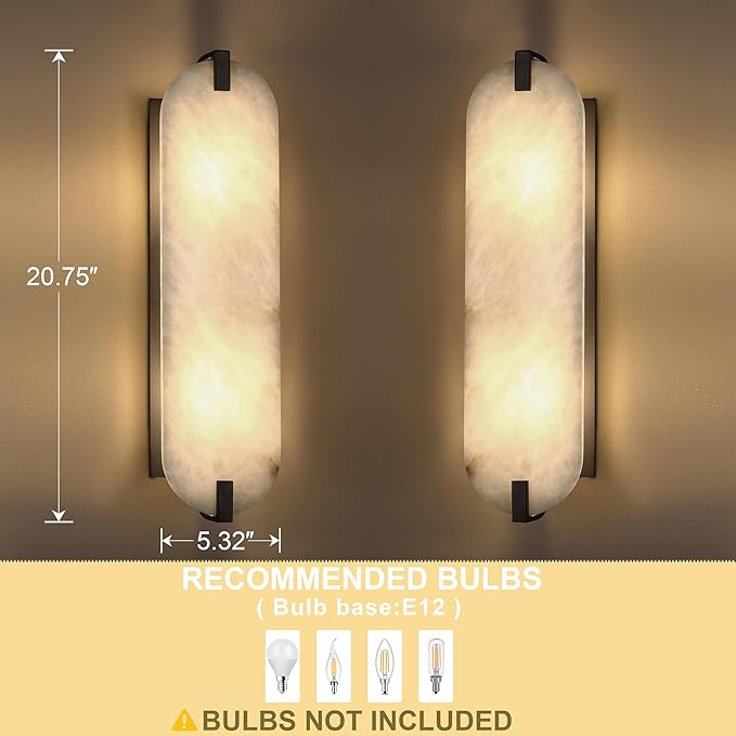 2 Light 20.7" Natural Oval Alabaster Marble Bathroom Wall Sconce Modern Concise Style Wall Light Fixture,Black Finish for Bedroom Hallway Bedside