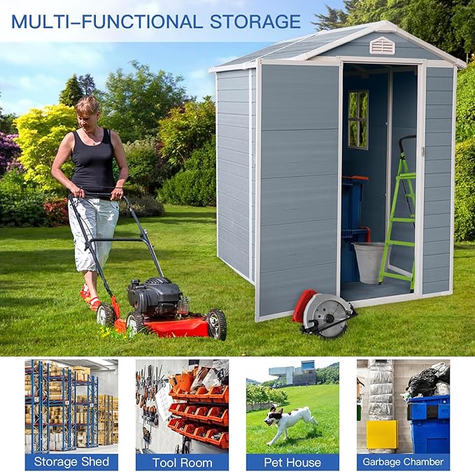 4' x 6' Resin Storage Shed Outdoor, PP Material & Strong Structure for All Weather, Plastic Garden Shed w/Window for Garden, Backyard, Poolside and Lawn, 15mm Thick PP Board - Light Grey