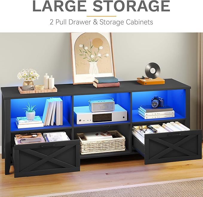 DWVO 70 Inch Farmhouse TV Stand with LED Lighting, Fits TVs up to 80 Inches, Media Console with Storage and Customizable Divider, Entertainment Center for Living Room (Black)