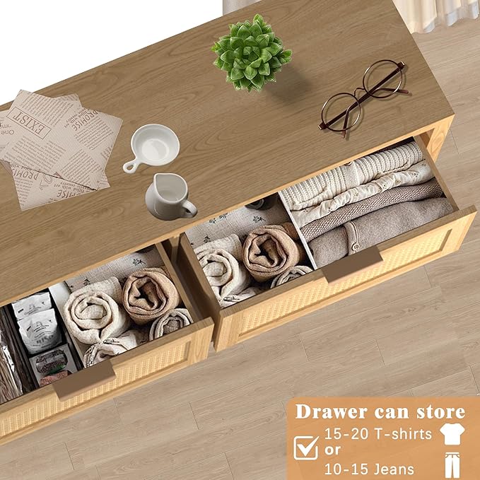 Wood 6 Dresser for Bedroom, Wide Rattan Drawer with Gold Handle for Bed Room, Hallway, Rustic Oak