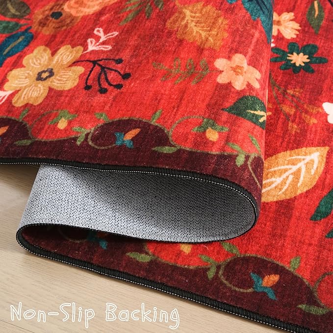 Area Rug 4x6 Rug Washable Boho Rugs Non Slip Low Pile Floral Small Carpet for Bedroom, Bedside, Kids Room, Office, Dining Room(Red)