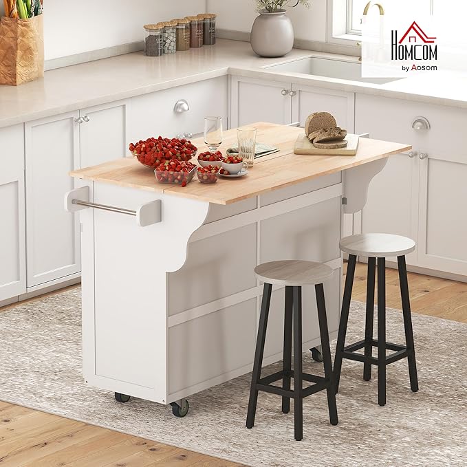 HOMCOM Rolling Kitchen Island Cart with Drop Leaf, Kitchen Cart on Wheels with Rubber Wood Top, 2 Drawers and 2 Storage Cabinets, Island Table for Kitchen, Dining Room, White