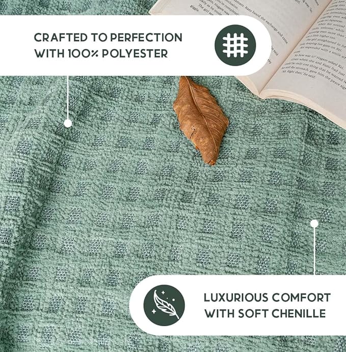 Folkulture Throw Blanket | (60 x 50) Chunky Knit Blanket for Bed, Couch | Boho Chenille White Thick Knitted Throw Blanket | Ultra Soft, Plush, Lightweight, Machine Wash and Giftable (Sage Dream)