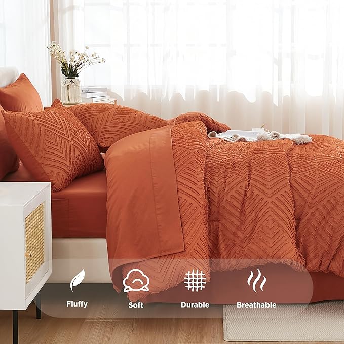 Andency Oversized King Size Comforter Set Burnt Orange - 7 Pieces Bed in a Bag Oversized King Boho Terracotta Bedding Comforter Sets, Rust Tufted Bed Set with Comforter, Sheets, Pillowcases & Shams