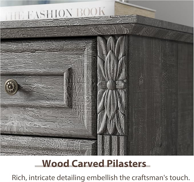 Farmhouse 6 Drawers Dresser, Wood Dressers for Bedroom, Tall 6 Chset of Drawers with Carved Wood Pilasters, Rustic Dressers Organizer for Bedroom, Hallway, Light Gray