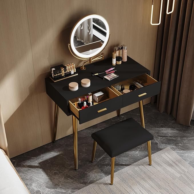 Vanity Desk with Adjustable Mirror and Lights, Makeup Vanity with 2 Drawers and Chair, Small Dressing Table with Leather Surface for Bedroom, 3 Lighting Modes (Black)