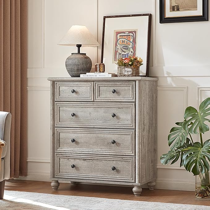 WYHG Farmhouse 5 Drawer Dresser for Bedroom, 35.5" Tall Small Dressers & Chest of Drawers, Rustic Wood Dresser with Roman Column, Storage Organizer for Living Room, Hallway, Closet (Grey)