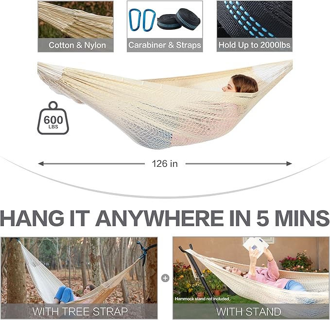 PNAEUT Mayan Hammock, Handwoven XL Thick Soft Rope Hammocks for Outdoor Indoor, Max 600 lbs Capacity, Tree Straps & Carabiners Included (Nature)