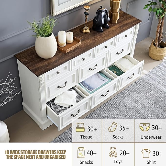 BLANKSPACE Farmhouse Dresser for Bedroom, 10 Chest of Drawers Antique White Cabinet Organizer with Carved Design for Living Room
