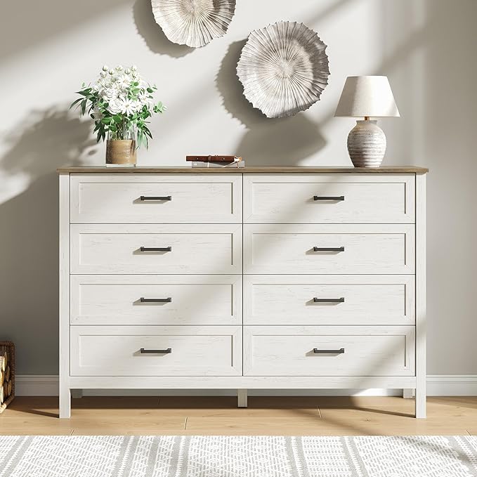 Farmhouse 8 Drawers Dresser for Bedroom, 55 Inch Wood Rustic Wide Chest with Natural Texture, Large Dressers for Bedroom, Hallway, Entryway, Antique White