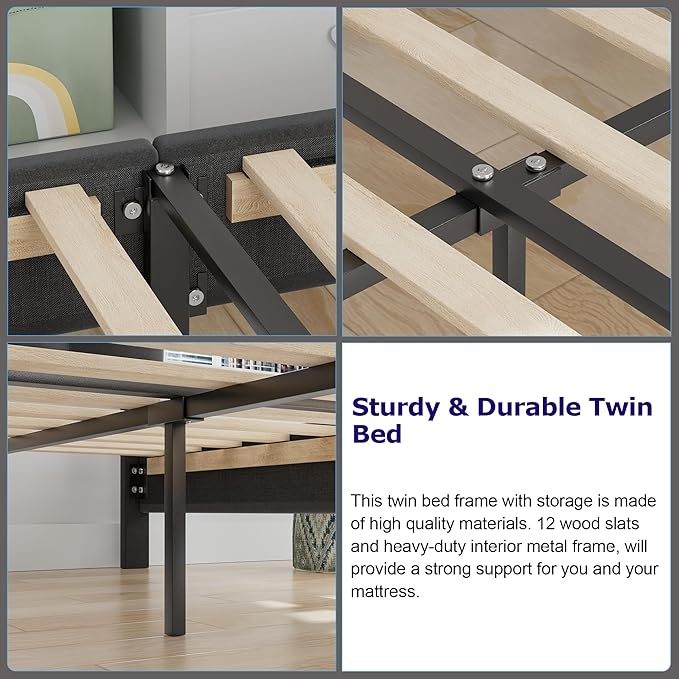 VECELO Twin Size Bed Frame with Storage Drawer, Heavy-Duty Platform Bedframe with Headboard & Strong Wooden Slats Support, No Box Spring Needed, Black