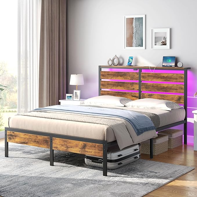 Rolanstar Bed Frame Queen Size with USB Charging Station, LED Bed Frame with Wood Storage Headboard, Rustic Brown Metal Platform Bed with Under Bed Storage, No Box Spring Needed, Noise Free