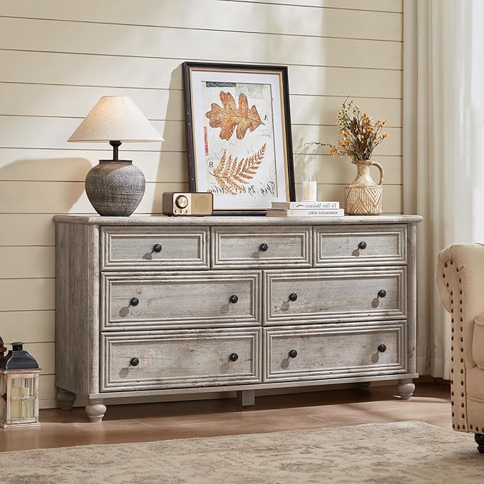 Farmhouse Dressers & Night Stand Set of 3, Wood 54'' Wide Dresser & 18'' Chest of Drawers, Roman Column Nightstand Set of 2, Furniture 7 Drawer Dresser Suites for Bedroom, Living Room, Hallway, Home