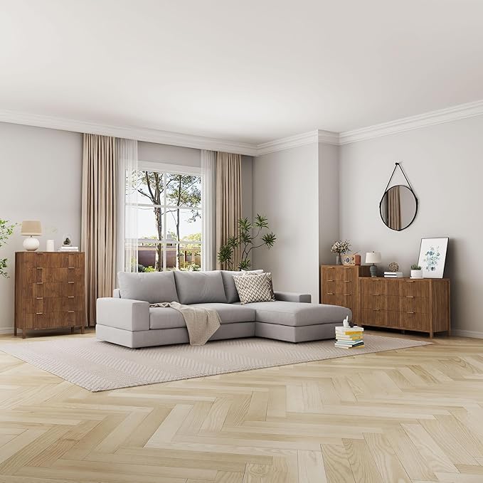 Fluted 5 Drawer Tall Dresser for Bedroom, Mid Century Modern Nightstand with Drawers, Tall Bedside Table for Closet Cloth, Living Room End Table with Storage for Dorm -Walnut